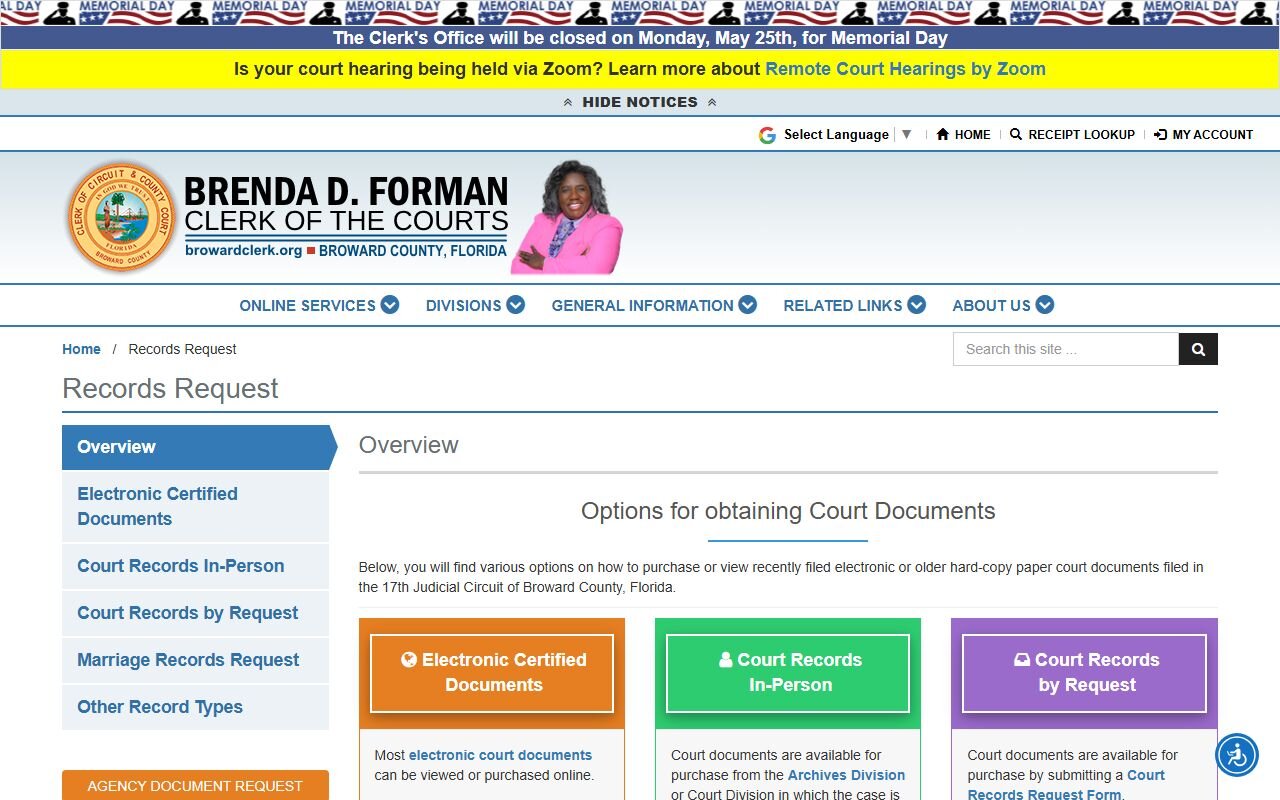 Broward Clerk court records request page