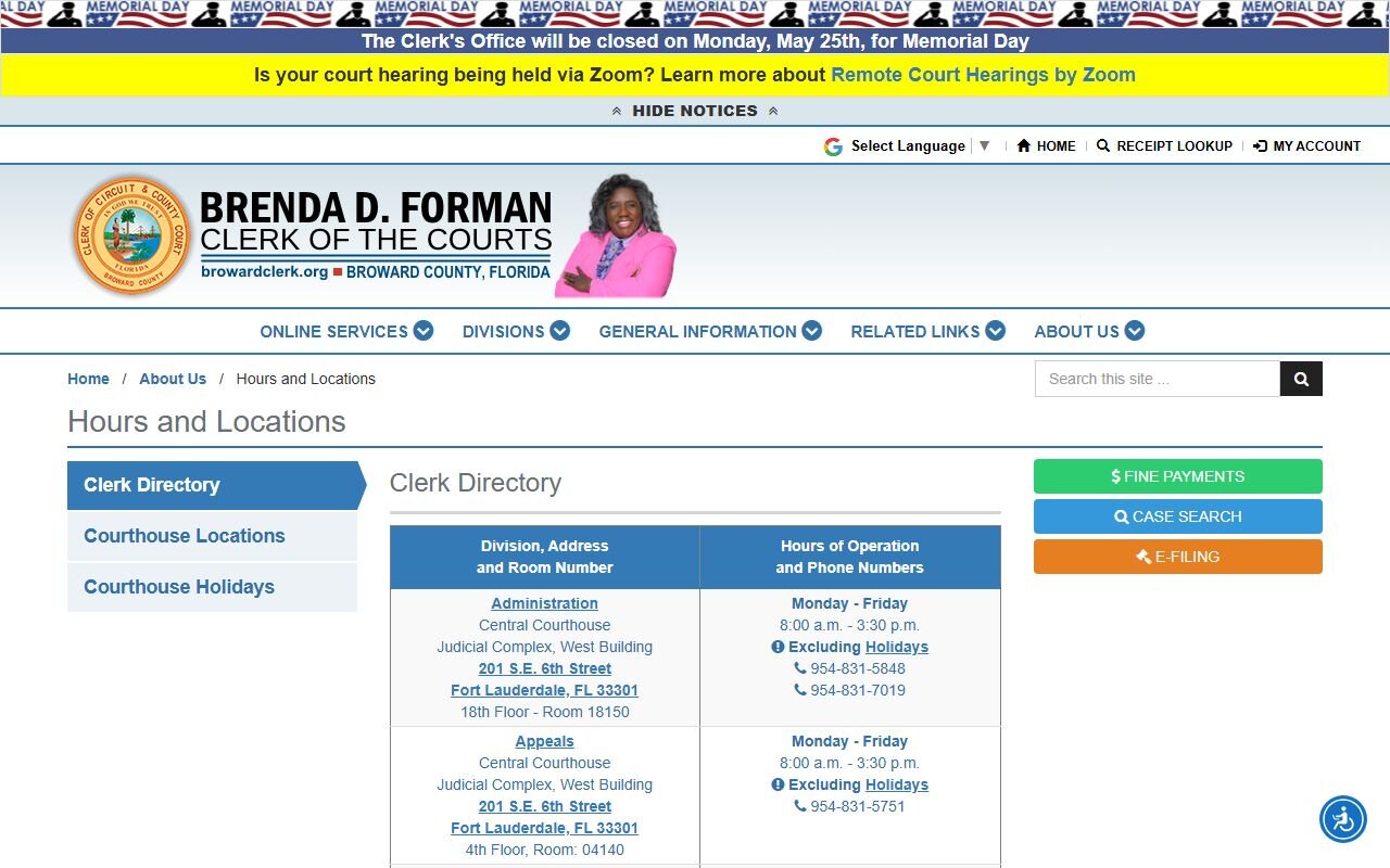 Broward County Clerk hours and courthouse locations list