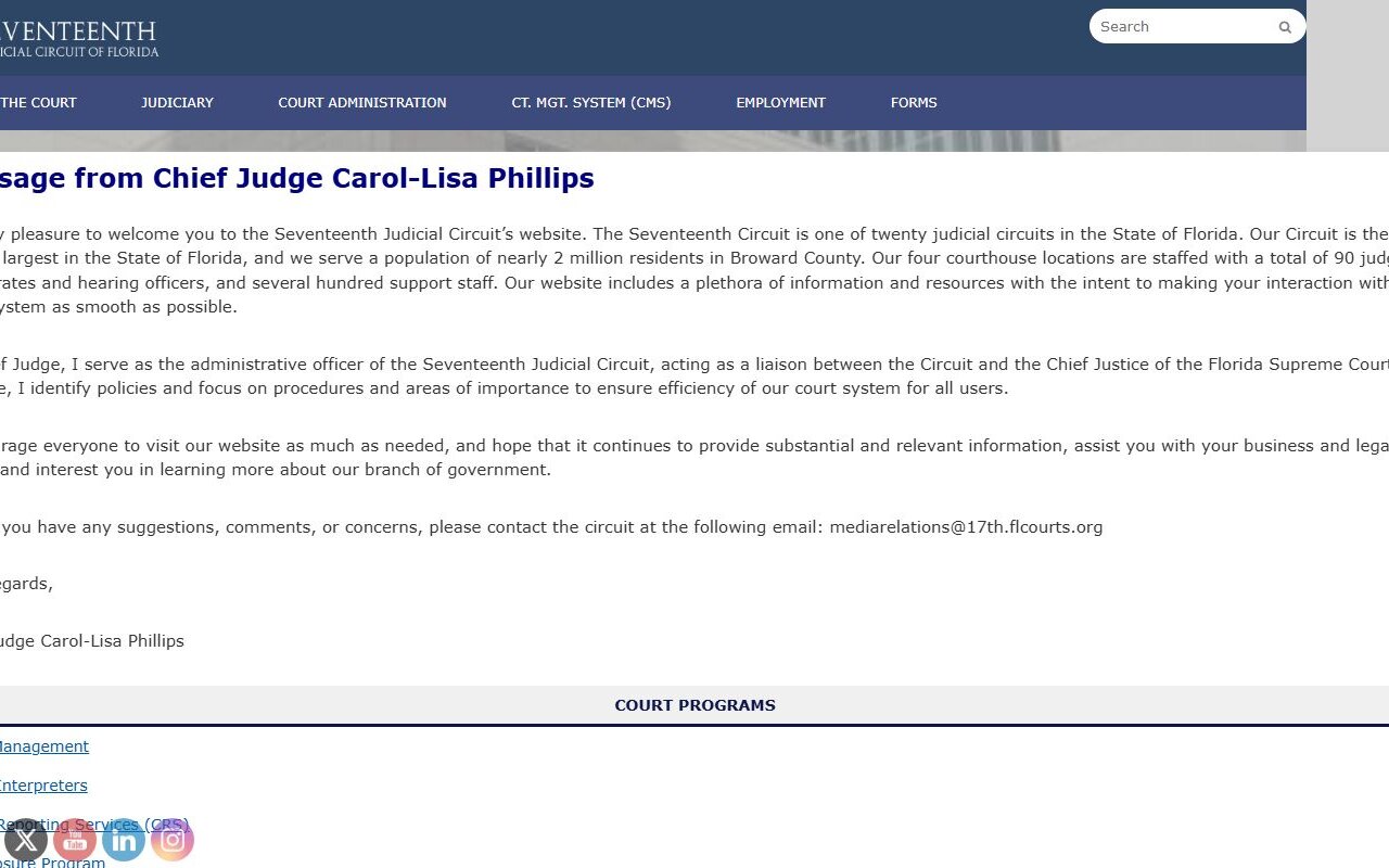 Broward Seventeenth Judicial Circuit chief judge welcome page