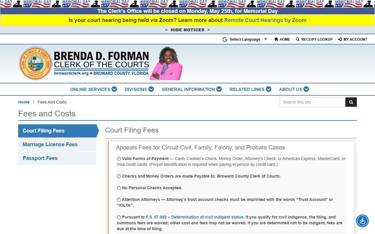 Broward Clerk fees and costs page for Broward County court records