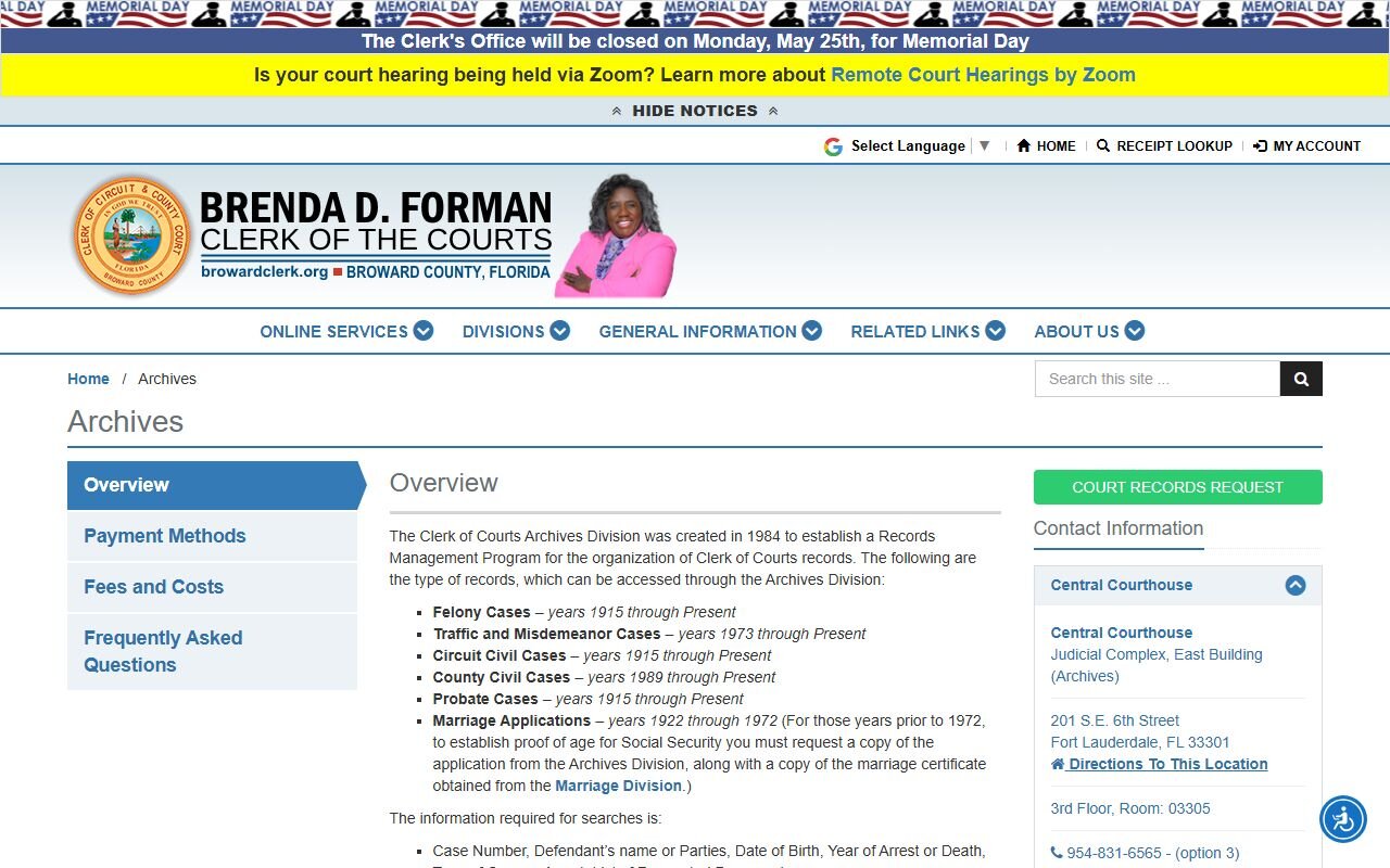 Broward Clerk Archives Division page for older Broward court records