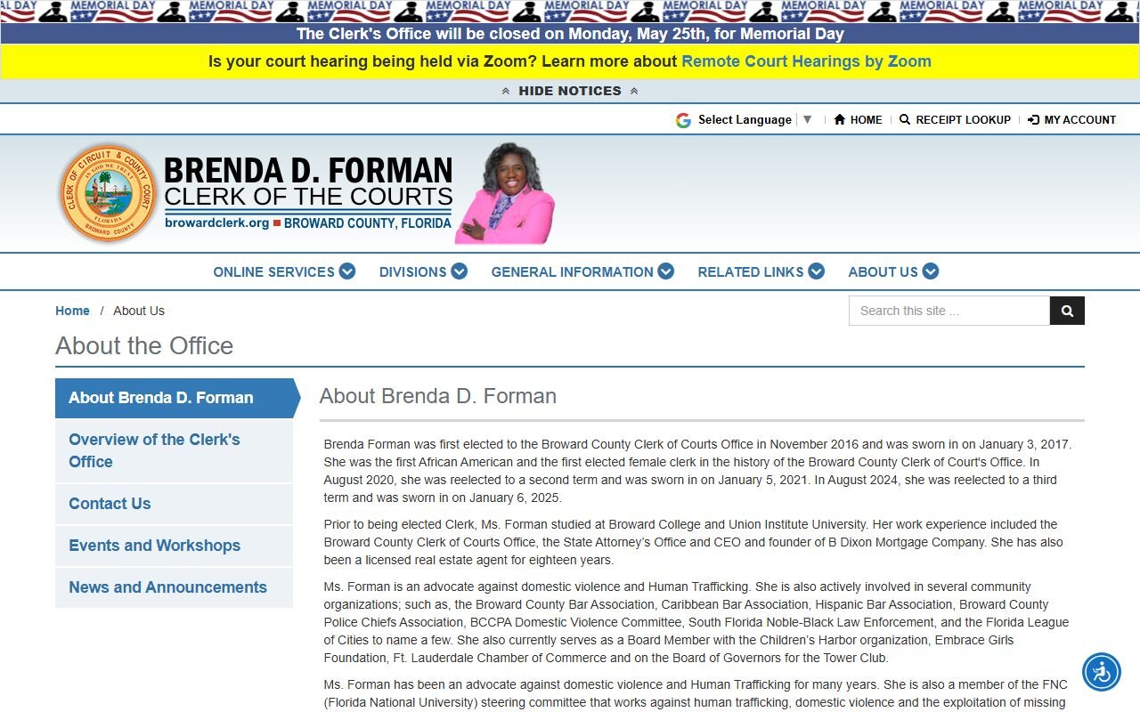 Broward County Clerk of Courts office overview page for clerk records