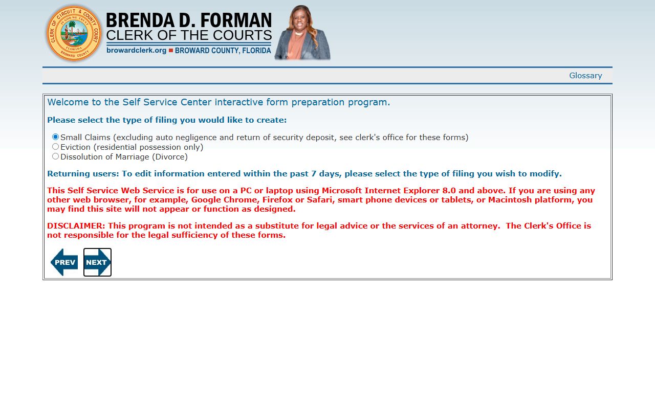 Broward Clerk self service filing tool for court forms
