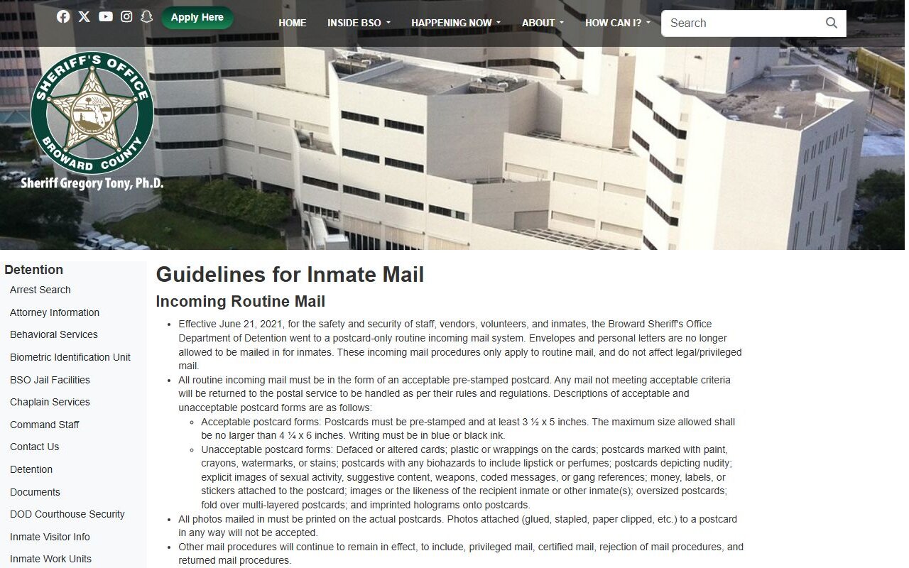 Broward Sheriff inmate mail rules for postcard-only correspondence