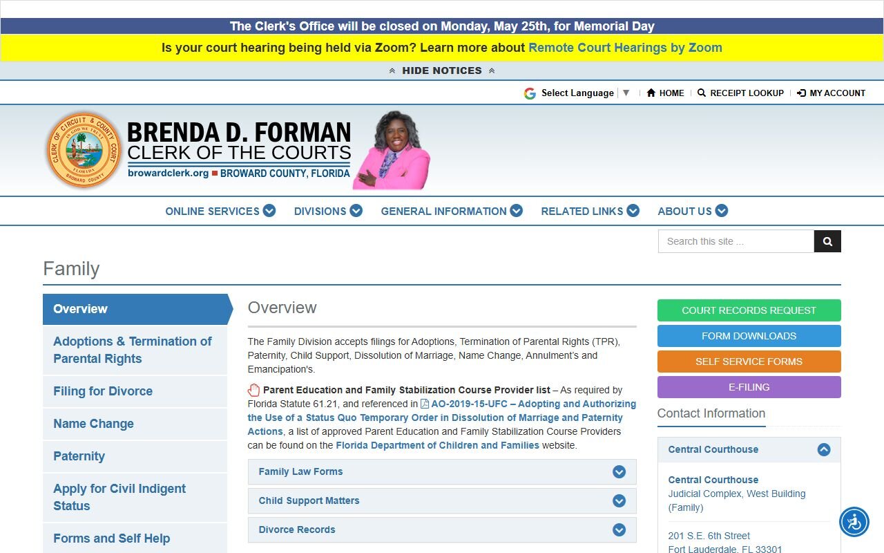Broward Clerk Family Division forms page for divorce filings