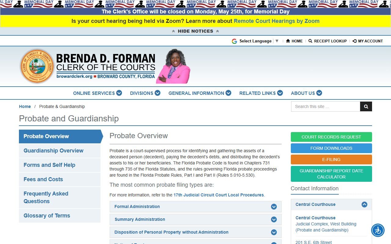 Broward Clerk Probate and Guardianship Division page for probate records