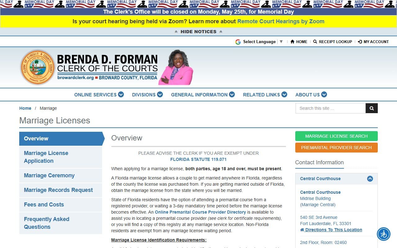 Broward County Marriage Division page for marriage licenses and records